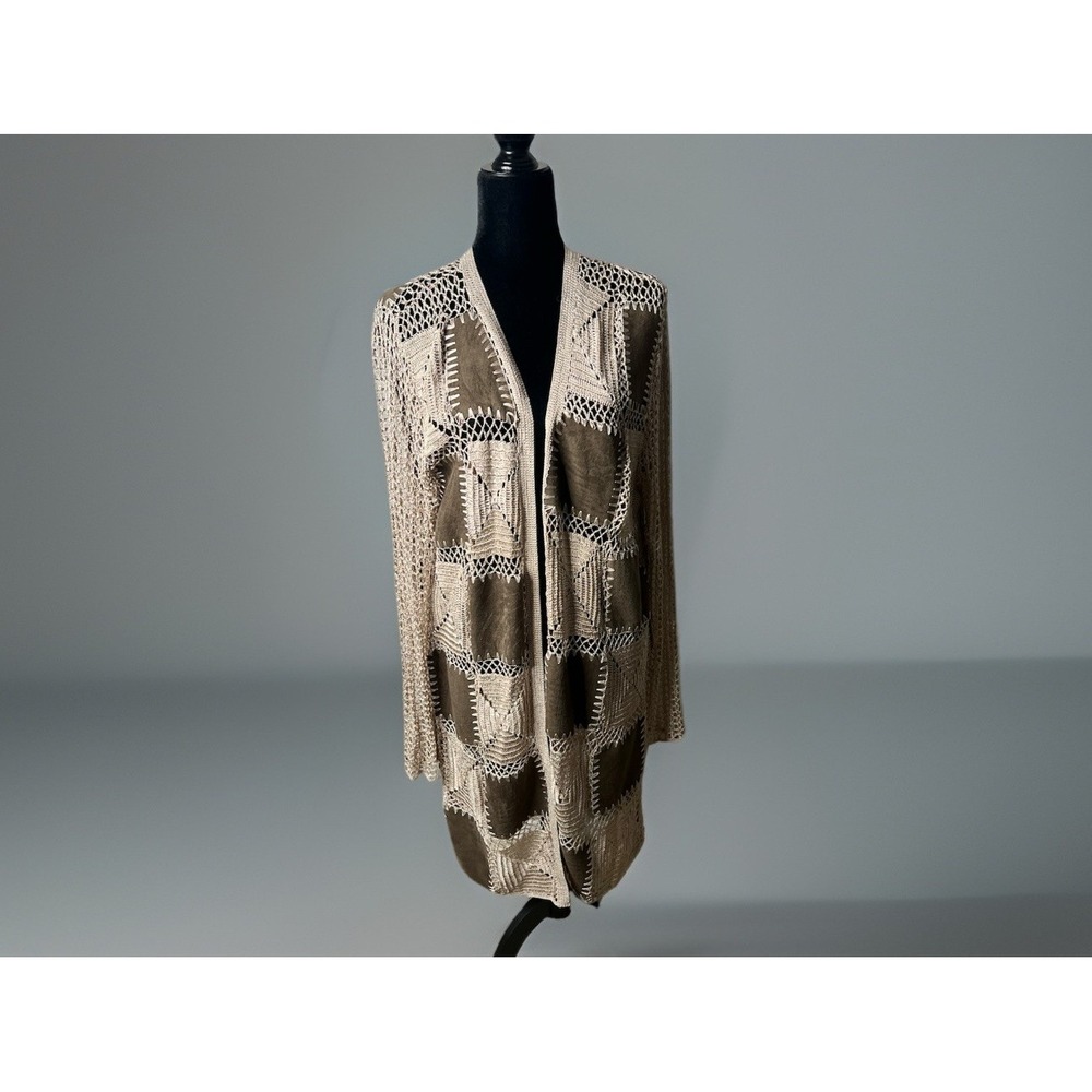 Chicos 3 Faux Suede Patchwork  Long Cardigan Crochet Womens Size XL NWT $129